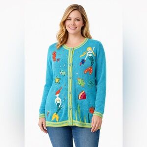 The Quacker Factory 1X Embellished Mermaid Cardigan Sweater